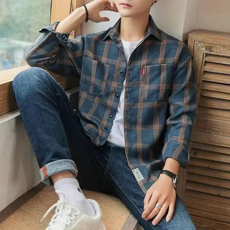 Shirts and Blouses for Men with Pocket Clothing Plaid Man Tops Red Cargo Geometric Sleeves S Collar Korean Style Xxl Hipster I