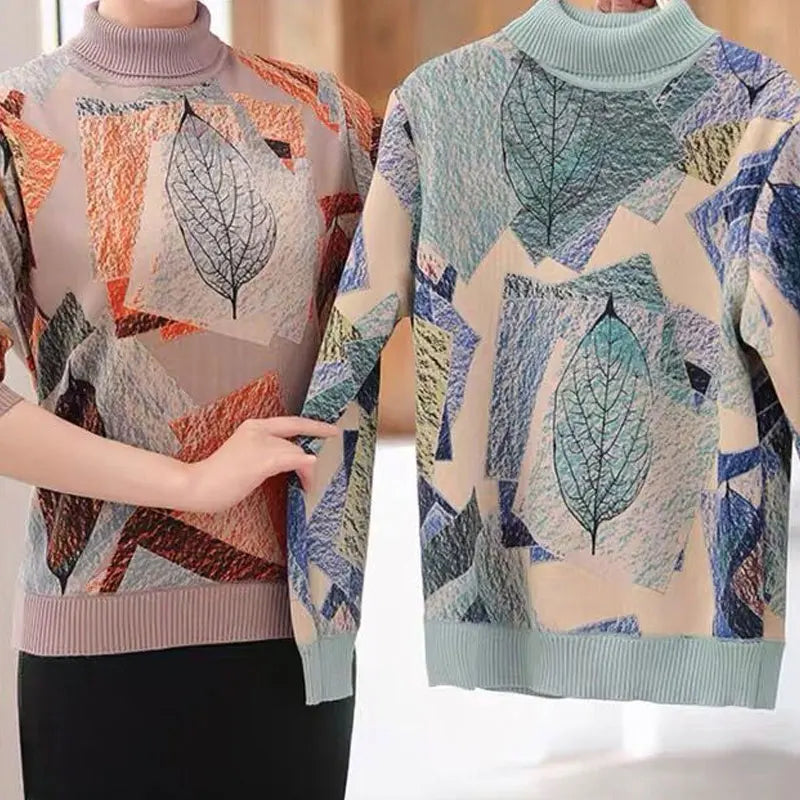 Women's Clothing 2022 Casual Plant Printed T-shirt Autumn Winter Fleece Warm Thick Fashion Knitted Spliced Turtleneck Pullovers