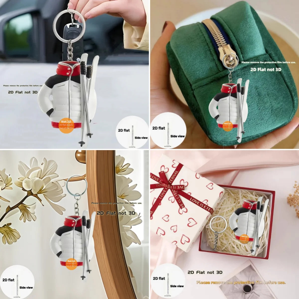 Ski Accessories Pendant Keychain Sports Themed 2D Flat Acrylic Ornament Charms Hanging Decoration for Car Bag Festive Party Gift
