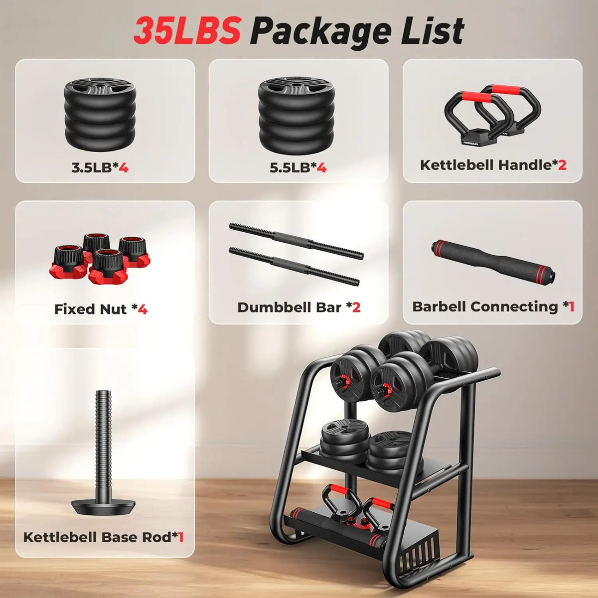 FITPLAM Adjustable 5 in 1 Free Weights Set, 20/35/45/70/90LB Dumbbell Set, Convertible to Barbell Kettlebell Push Up Stand