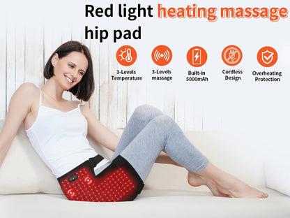 Red Light Therapy Hip Wrap with 112 LED Beads Heating Pad and Vibration Massage, Cordless Rechargeable Wearable Hip Thigh Waist Care Belt with 5000mAh Battery, 3 Levels Temperature & Massage Modes, Portable Relaxation Device