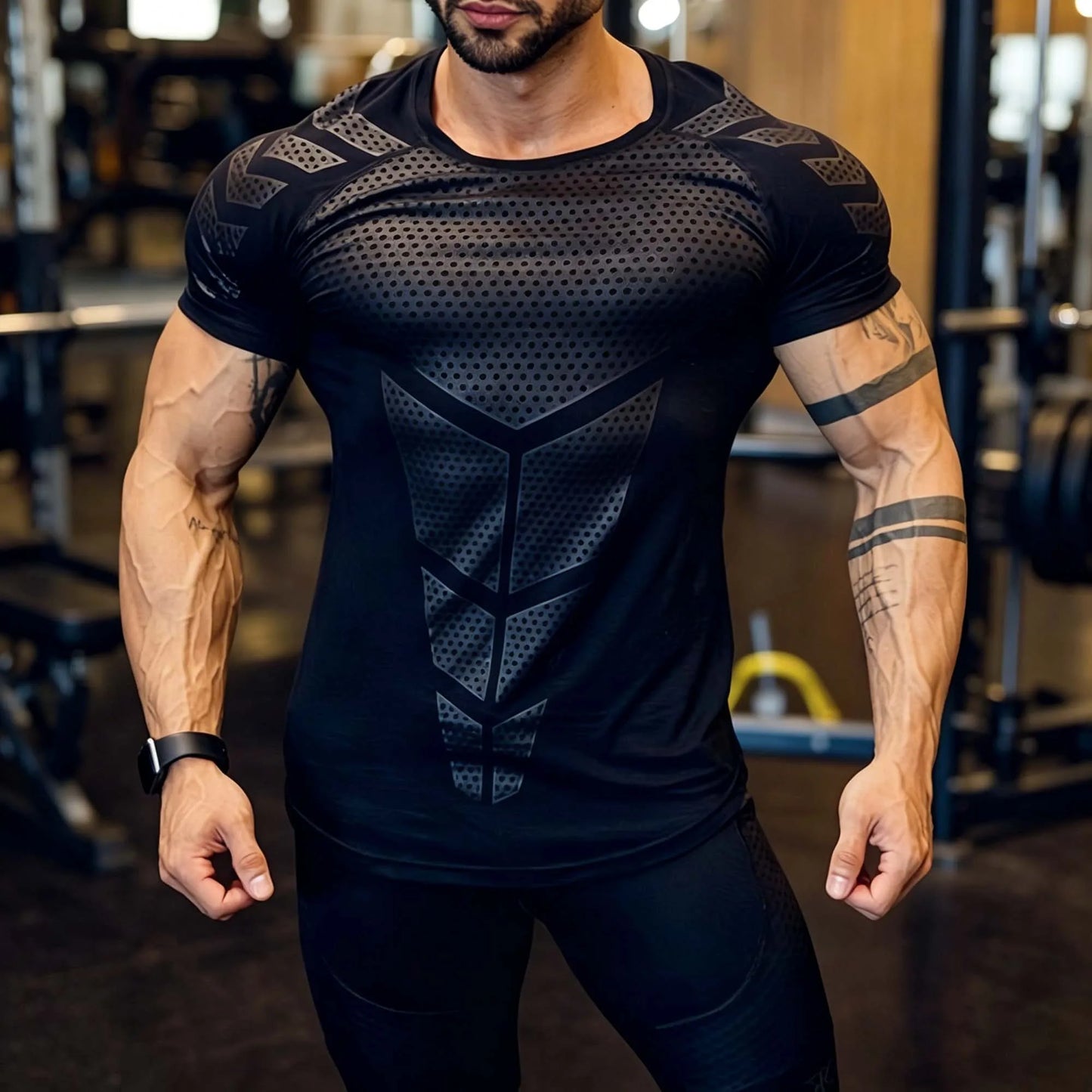 Men's Sports Casual Elastic Compression T-shirt, Printed Fitness Short Sleeve Top, Muscle-Highlighting Jogging Shirt