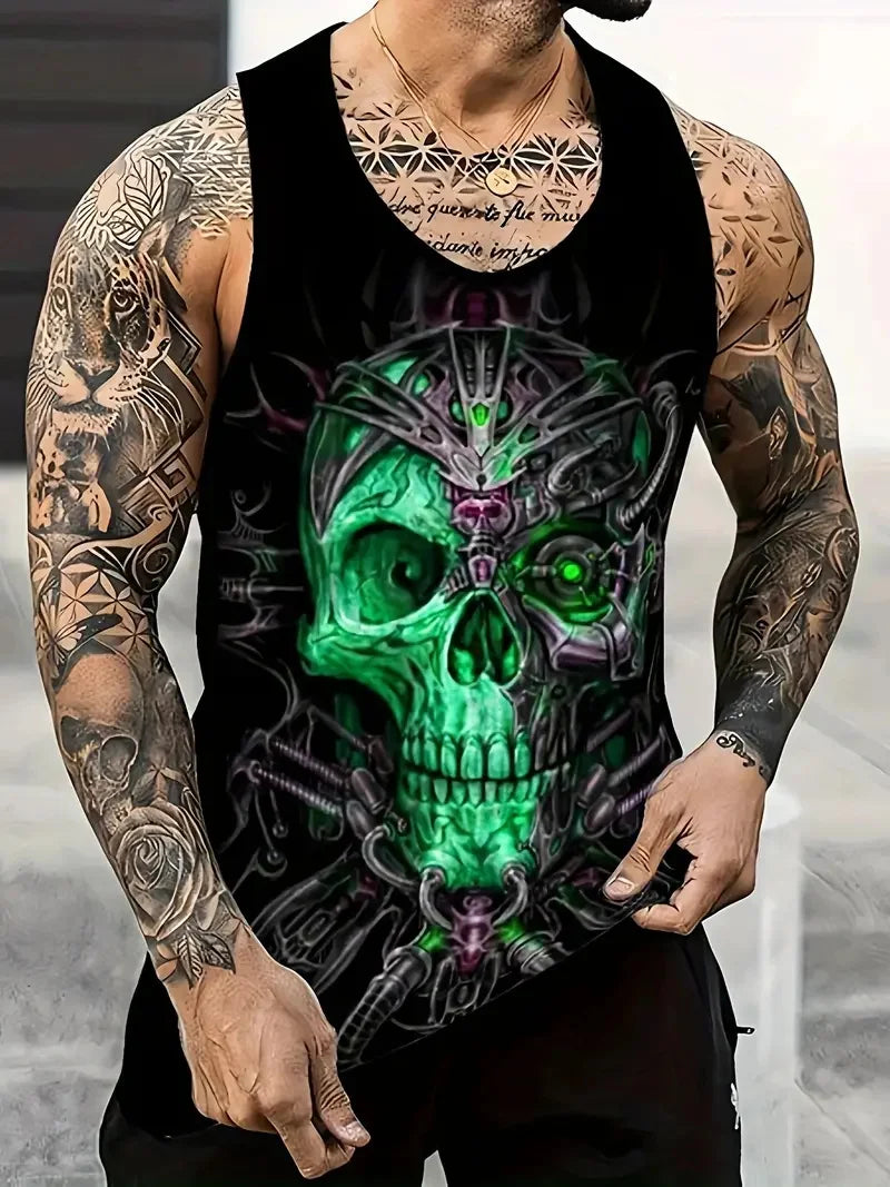 3D Skull Print Round Neck Summer Adult Men's Vest Clothing Basketball Sleeveless Outdoor Sports Gym Breathable Sleeveless Vest
