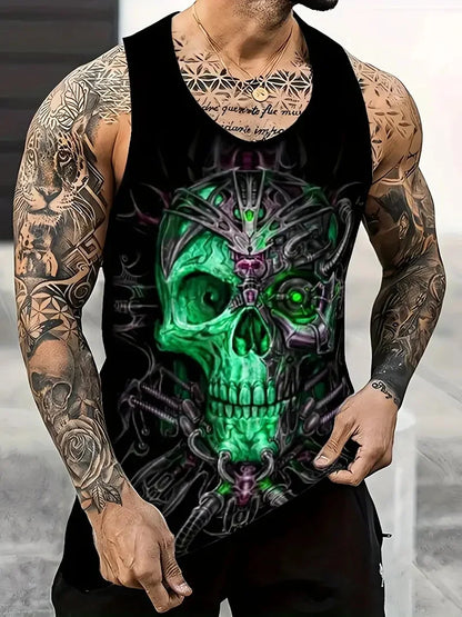 3D Skull Print Round Neck Summer Adult Men's Vest Clothing Basketball Sleeveless Outdoor Sports Gym Breathable Sleeveless Vest