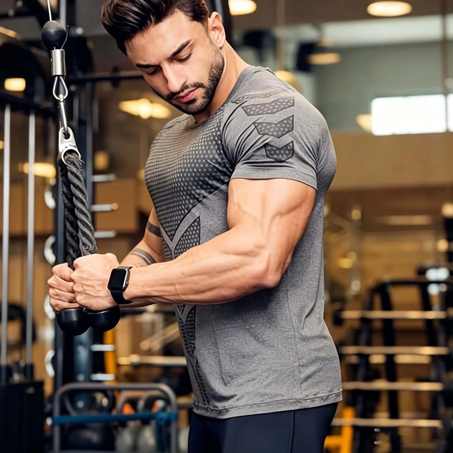 Men's Sports Casual Elastic Compression T-shirt, Printed Fitness Short Sleeve Top, Muscle-Highlighting Jogging Shirt