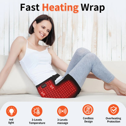 Red Light Therapy Hip Wrap with 112 LED Beads Heating Pad and Vibration Massage, Cordless Rechargeable Wearable Hip Thigh Waist Care Belt with 5000mAh Battery, 3 Levels Temperature & Massage Modes, Portable Relaxation Device