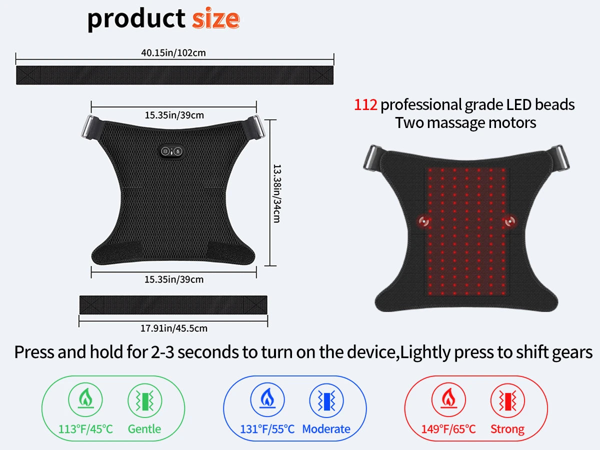 Red Light Therapy Hip Wrap with 112 LED Beads Heating Pad and Vibration Massage, Cordless Rechargeable Wearable Hip Thigh Waist Care Belt with 5000mAh Battery, 3 Levels Temperature & Massage Modes, Portable Relaxation Device