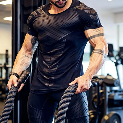 Men's Sports Casual Elastic Compression T-shirt, Printed Fitness Short Sleeve Top, Muscle-Highlighting Jogging Shirt