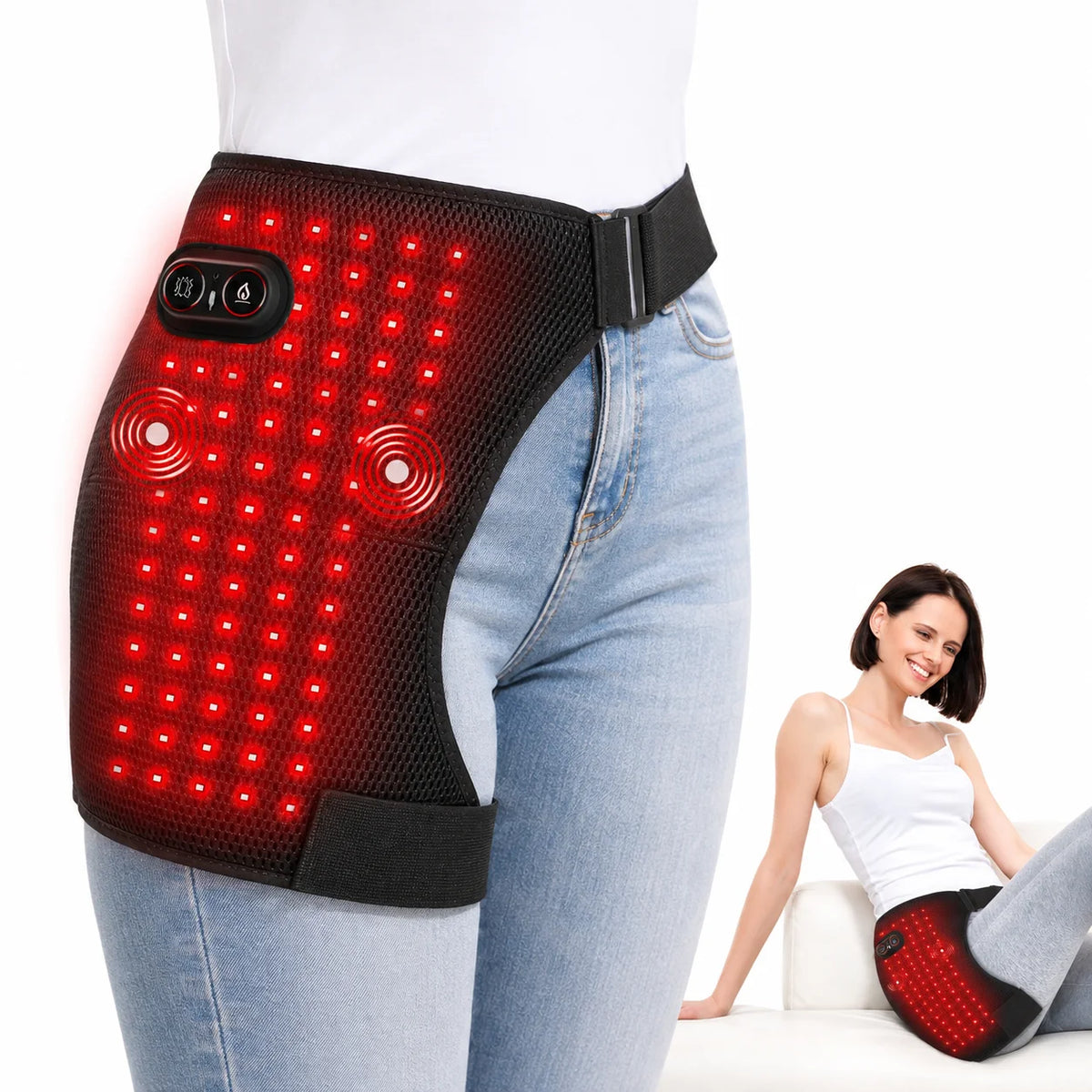 Red Light Therapy Hip Wrap with 112 LED Beads Heating Pad and Vibration Massage, Cordless Rechargeable Wearable Hip Thigh Waist Care Belt with 5000mAh Battery, 3 Levels Temperature & Massage Modes, Portable Relaxation Device