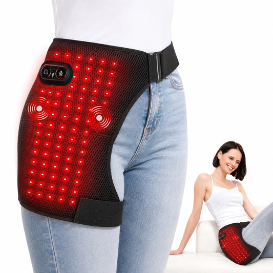 Red Light Therapy Hip Wrap with 112 LED Beads Heating Pad and Vibration Massage, Cordless Rechargeable Wearable Hip Thigh Waist Care Belt with 5000mAh Battery, 3 Levels Temperature & Massage Modes, Portable Relaxation Device