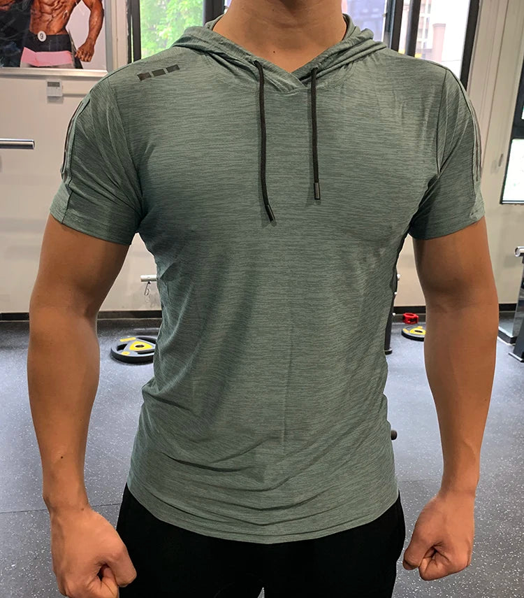 GYM Sport Hooded Running Men T shirt Fitness Slim High Elasticity Breathable Quick Dry Bodybuilding Mens Tshirt Men Tee Tops