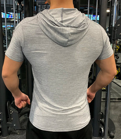 GYM Sport Hooded Running Men T shirt Fitness Slim High Elasticity Breathable Quick Dry Bodybuilding Mens Tshirt Men Tee Tops