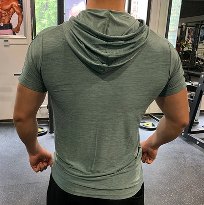 GYM Sport Hooded Running Men T shirt Fitness Slim High Elasticity Breathable Quick Dry Bodybuilding Mens Tshirt Men Tee Tops