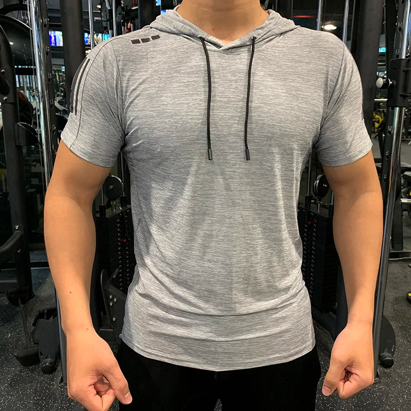 GYM Sport Hooded Running Men T shirt Fitness Slim High Elasticity Breathable Quick Dry Bodybuilding Mens Tshirt Men Tee Tops