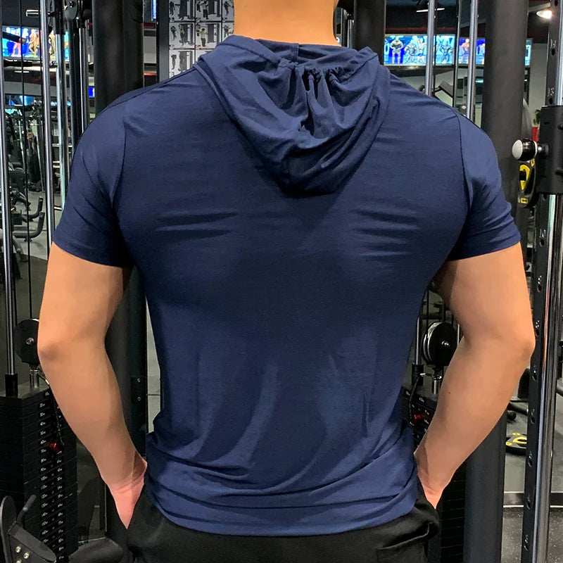 GYM Sport Hooded Running Men T shirt Fitness Slim High Elasticity Breathable Quick Dry Bodybuilding Mens Tshirt Men Tee Tops