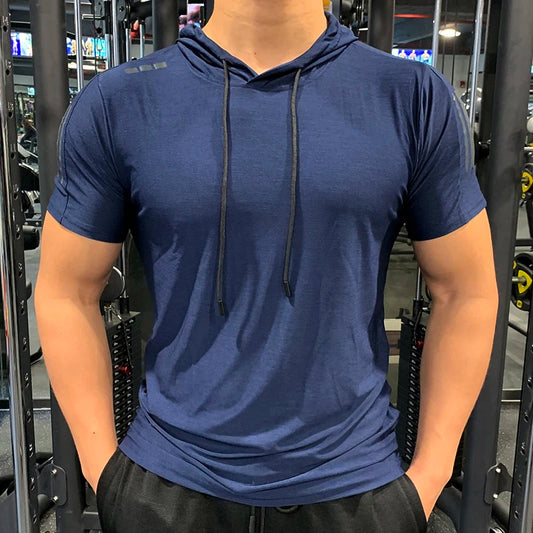 GYM Sport Hooded Running Men T shirt Fitness Slim High Elasticity Breathable Quick Dry Bodybuilding Mens Tshirt Men Tee Tops