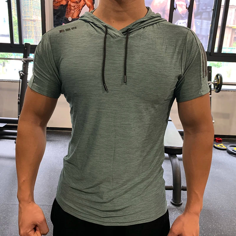 GYM Sport Hooded Running Men T shirt Fitness Slim High Elasticity Breathable Quick Dry Bodybuilding Mens Tshirt Men Tee Tops