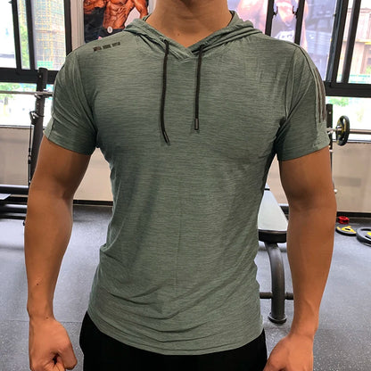 GYM Sport Hooded Running Men T shirt Fitness Slim High Elasticity Breathable Quick Dry Bodybuilding Mens Tshirt Men Tee Tops