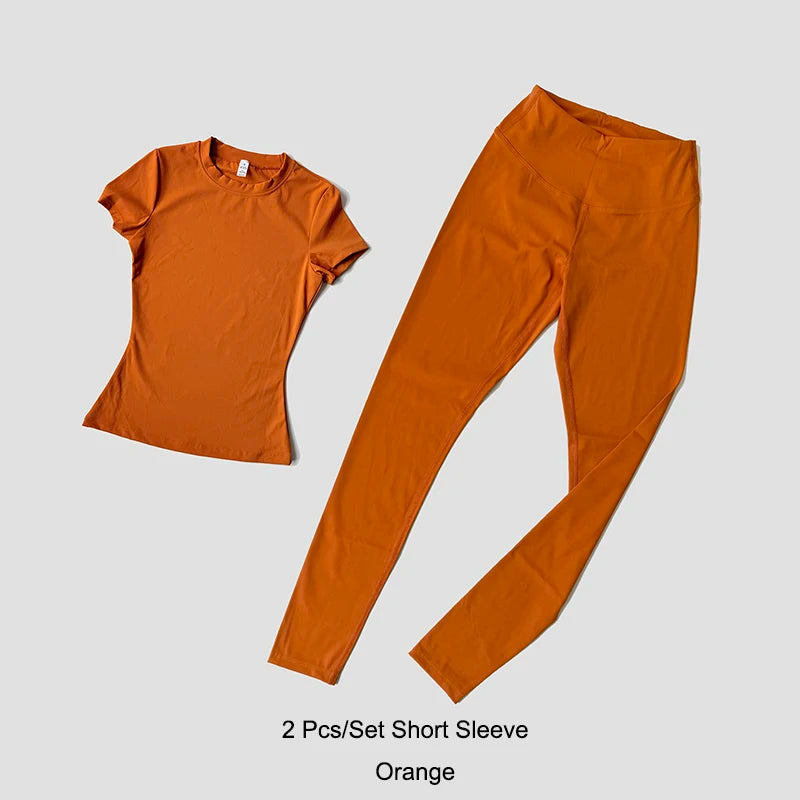 Yoga Set Women Sportswear Workout Clothes Athletic Wear Gym Legging Fitness Crop Top Short Sleeves Sports Suit