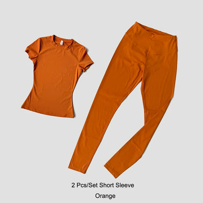 Yoga Set Women Sportswear Workout Clothes Athletic Wear Gym Legging Fitness Crop Top Short Sleeves Sports Suit