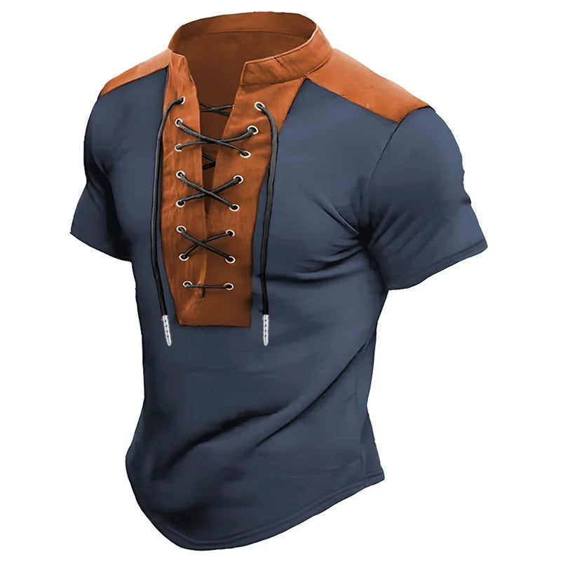 Men's retro-style drawstring short-sleeved T-shirt with color-blocked design, slim fit, fashionable polo shirt, unique style.