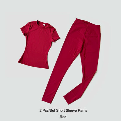 Yoga Set Women Sportswear Workout Clothes Athletic Wear Gym Legging Fitness Crop Top Short Sleeves Sports Suit