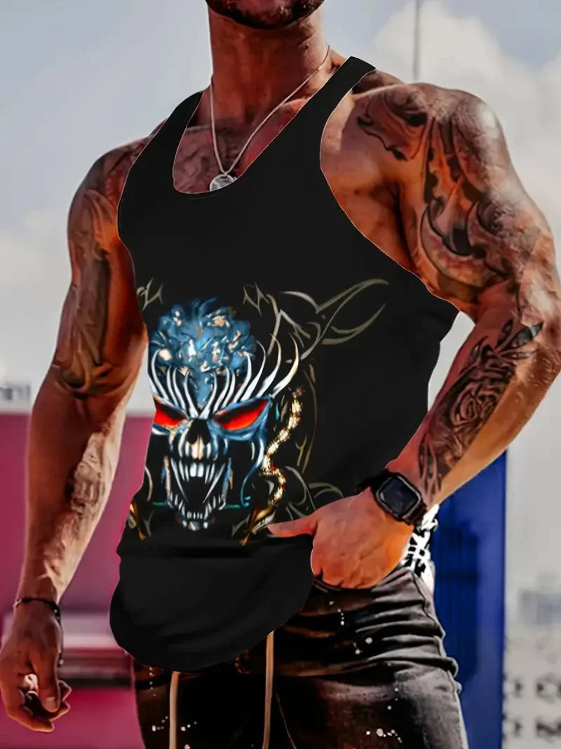 3D Skull Print Round Neck Summer Adult Men's Vest Clothing Basketball Sleeveless Outdoor Sports Gym Breathable Sleeveless Vest