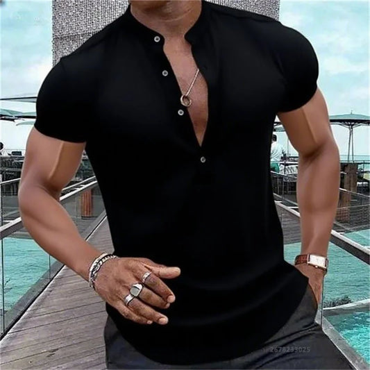 Men's Short-Sleeved Casual Shirt Hawaiian Style Shirt Solid Black Shirt Stand Collar Design Suitable for Beach Vacation XS-5XL