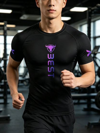Men's Purple Gradient Compression Shirt, 4-Way High Stretch Quick Dry Tee, Moisture Wicking Slim Fit Top for Gym, Running, Fitne