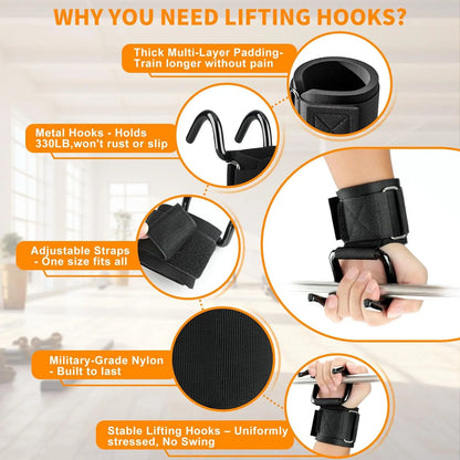 1 Pair Lifting Hooks & Padded Wrist Straps, Deadlift Grips for Weight Lifting, Pull-ups, Shrugs and Powerlifting