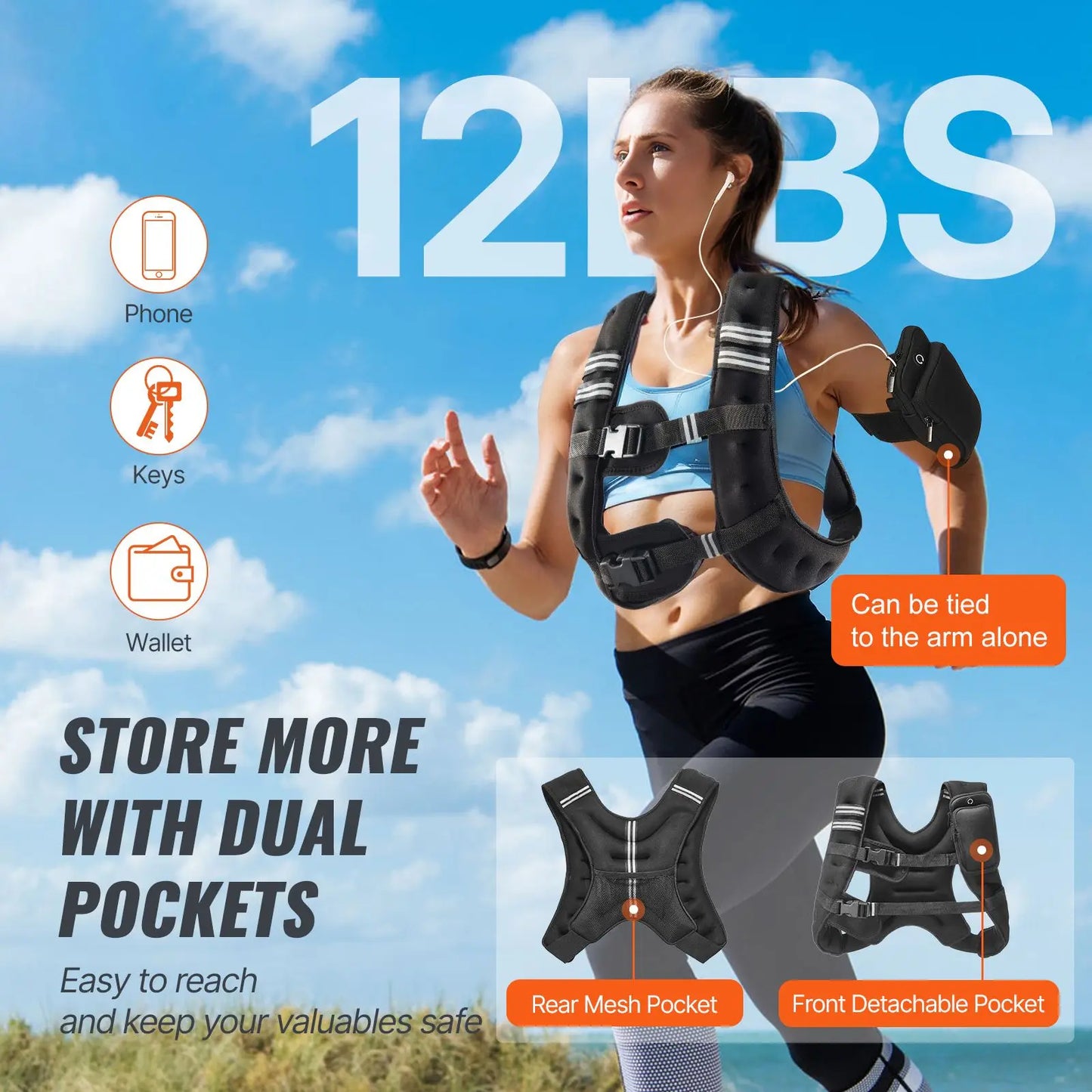 Weighted Vest, 12 lbs Weight Vest with Reflective Stripe, Adjustable Buckle Body Weight Vest for Men Women, Workout Equipment for Strength Training, Running, Jogging, Fitness, and Weight Loss, Black