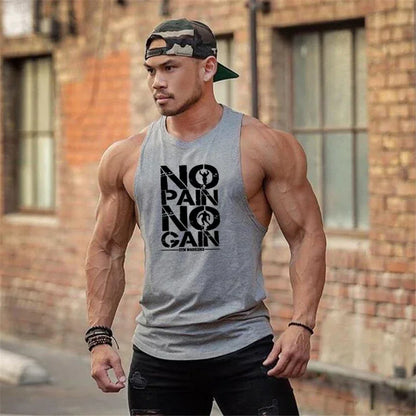 Muscle Summer No Pain No Gain Quick Dry Bodybuilding Stringer Tank Top Men Fitness Sleeveless Shirts Y Back Gym Running Clothing