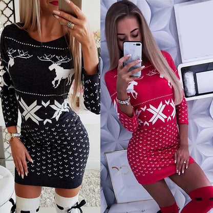 Women's Clothing Autumn Christmas Printed Tight Hip-hugging Dress Long-sleeved Slimming T-shirt Short Skirt