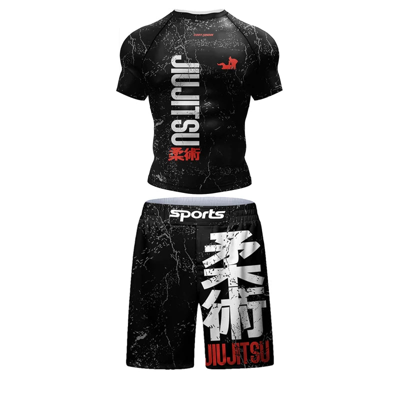 New Kimono Jiu Jitsu Rashguard for Men MMA T-Shirt+Pant 4Pcs/Set Muay Thai Shorts BJJ Rash Guard Gym Boxing Jerseys Sportswear
