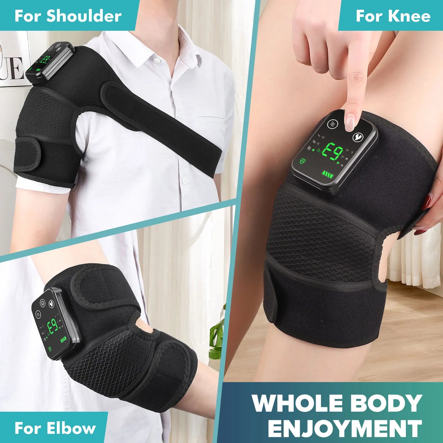 Cordless Knee Massager with Heat Vibration for Pain Relief, Electric Heated Knee Brace with 3 Heat Levels and 3 Massage Mode, 3 in 1 Shoulder Knee Elbow