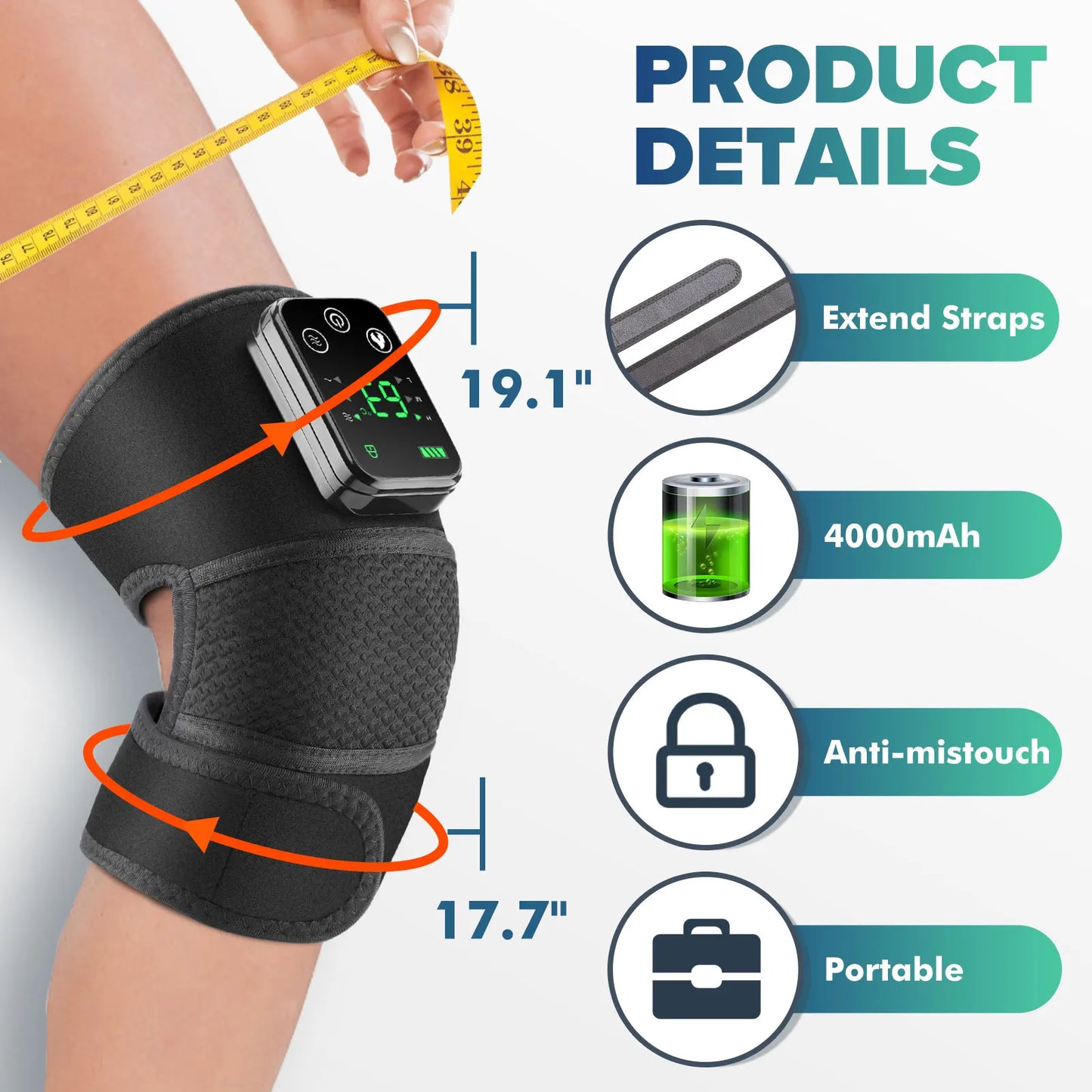 Cordless Knee Massager with Heat Vibration for Pain Relief, Electric Heated Knee Brace with 3 Heat Levels and 3 Massage Mode, 3 in 1 Shoulder Knee Elbow