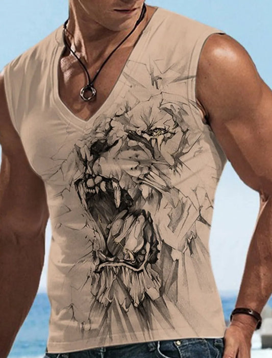 Sleeveless Animal Tank 3D Printed Male Lion Pattern Street Wear Top Gradient Loose Casual Oversized Vest V-Neck 5Xl Plus Size