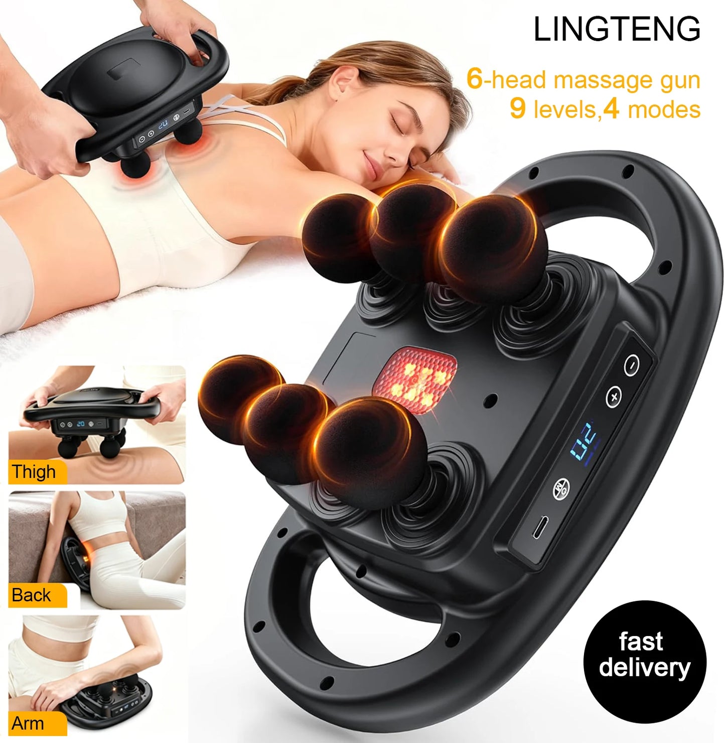 LINGTENG Massage Gun Deep Tissue, 6‑Heads Muscle Massager, Back Massager, Handheld Percussion Massage Tool, 9‑Speed Levels & 4 Modes, Christmas & Birthday Gift for Adults