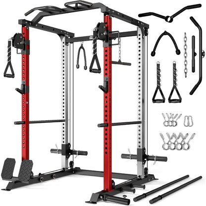 Full Cage Power Rack with Cable Crossover Dual Pulley System 2000LBS Squat Rack for Home Gym Full Body Training with