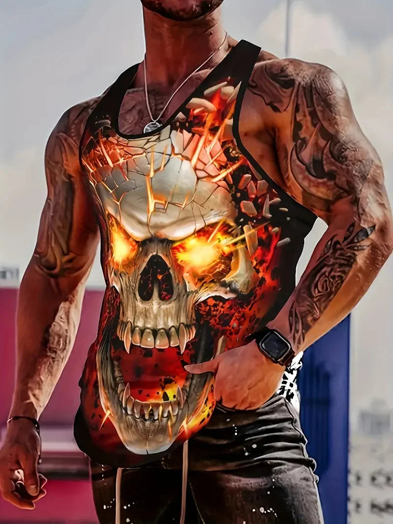 3D Skull Print Round Neck Summer Adult Men's Vest Clothing Basketball Sleeveless Outdoor Sports Gym Breathable Sleeveless Vest