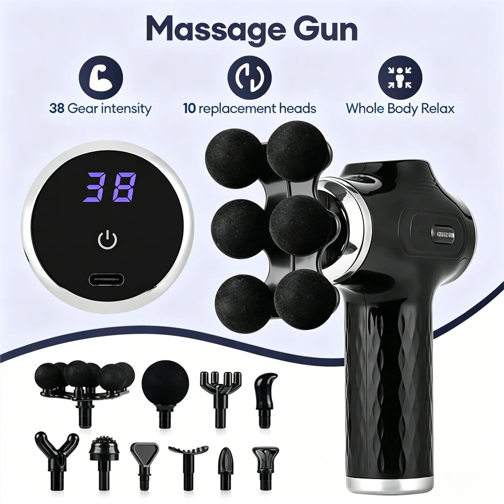 Mini 6-Heads Fascia Gun 38 Level High Frequency Vibration Body Massage Gun Muscle Relaxation Shoulde Waist Back Leg Arm Massager