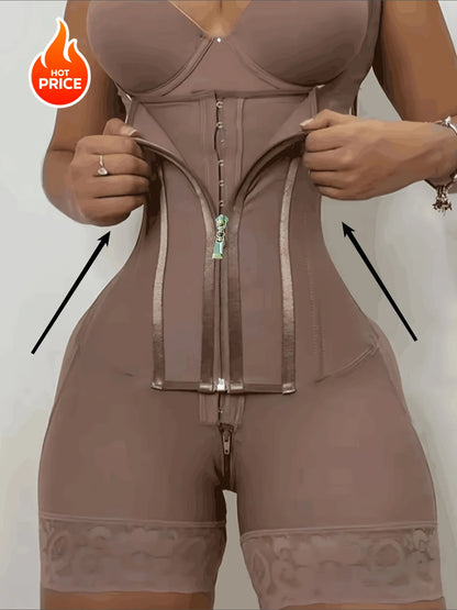 Women's Lace-Trimmed Shapewear Bodysuit - Tummy Control Corset with Adjustable Straps & Zipper, Black, Comfortable Waist Trainer