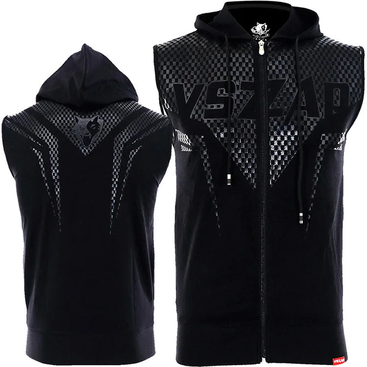 Vszap Summer Coat Sports Fitness Hooded Sleeveless Fighting MMA Slim-Fitting Cardigan Vest Blade Battle Suit