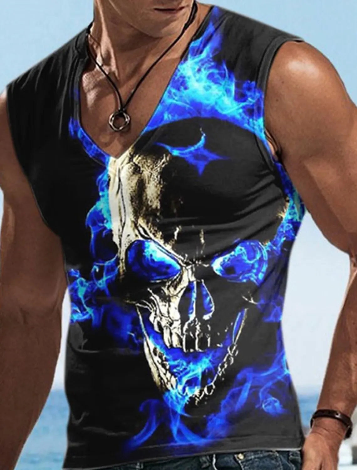 Hellfire Skull Cold Hd 3D Printed Men's and Women's T-Shirts Four Seasons Sports Sleeveless V-Neck Vest Oversized Men's Tops