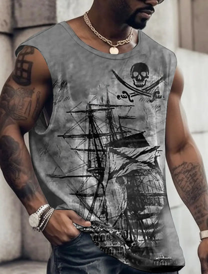 Men's Bottom Shirt Pattern Boat Rudder O Neck 3D Outdoor Street Sleeveless Printed Clothing Athletic Casual Big & Tall Tank Top
