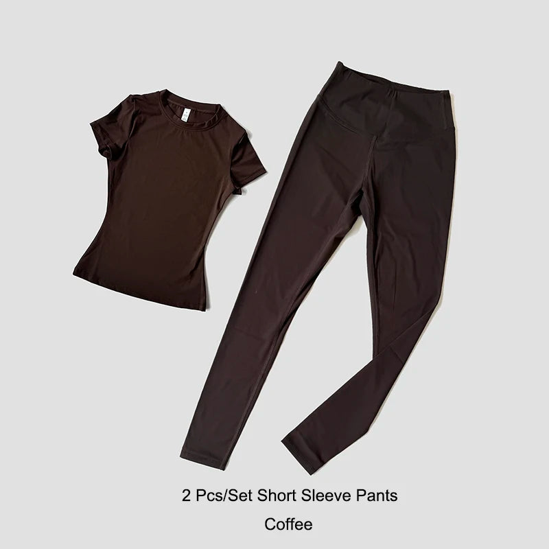 Yoga Set Women Sportswear Workout Clothes Athletic Wear Gym Legging Fitness Crop Top Short Sleeves Sports Suit
