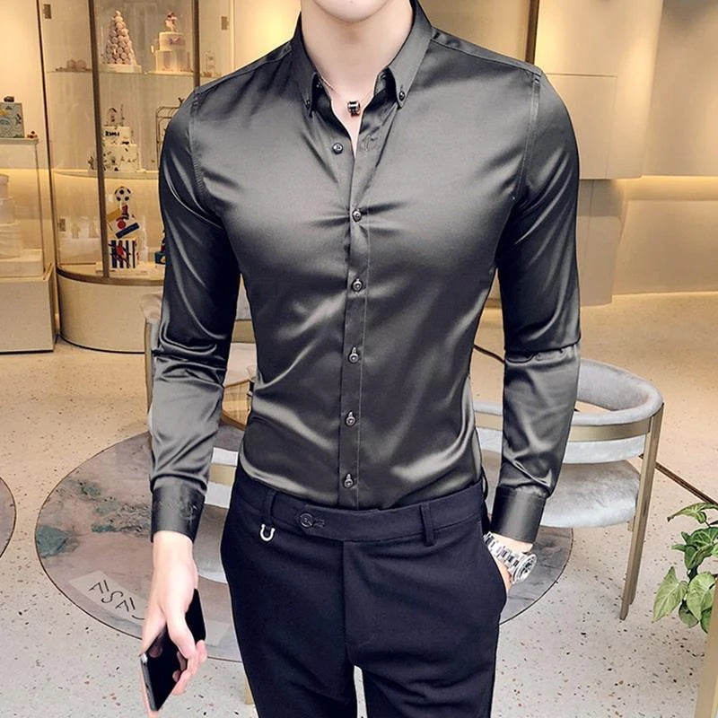 Plain Long Sleeve Shirts and Blouses for Men Business Silk Summer Button Man Tops Fashion 2025 Social High Quality Clothing S I