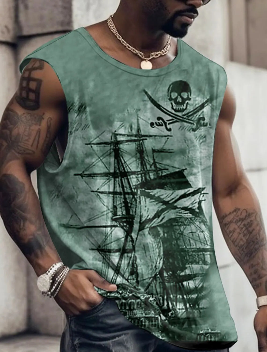 Men's Bottom Shirt Pattern Boat Rudder O Neck 3D Outdoor Street Sleeveless Printed Clothing Athletic Casual Big & Tall Tank Top