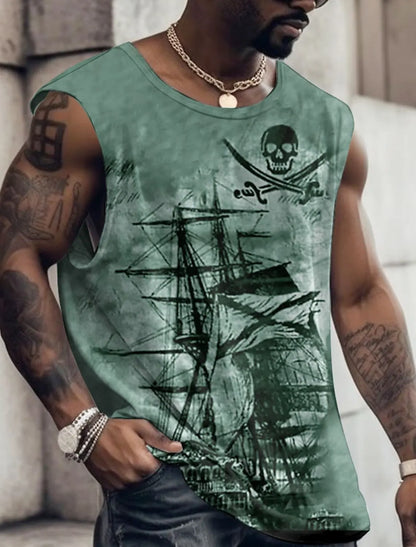 Men's Bottom Shirt Pattern Boat Rudder O Neck 3D Outdoor Street Sleeveless Printed Clothing Athletic Casual Big & Tall Tank Top