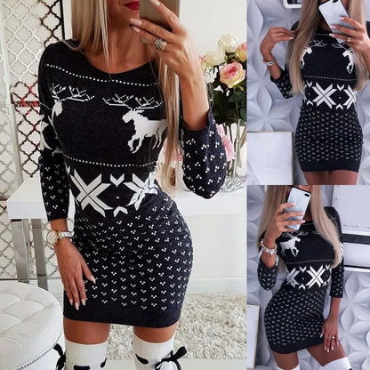 Women's Clothing Autumn Christmas Printed Tight Hip-hugging Dress Long-sleeved Slimming T-shirt Short Skirt